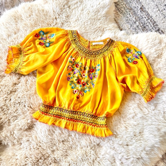 💋SOLD💋✨💛💐DÔEN  ‘Antonella’ Embroidered Floral Heart Hungarian Smocked Top XS - Picture 7 of 16